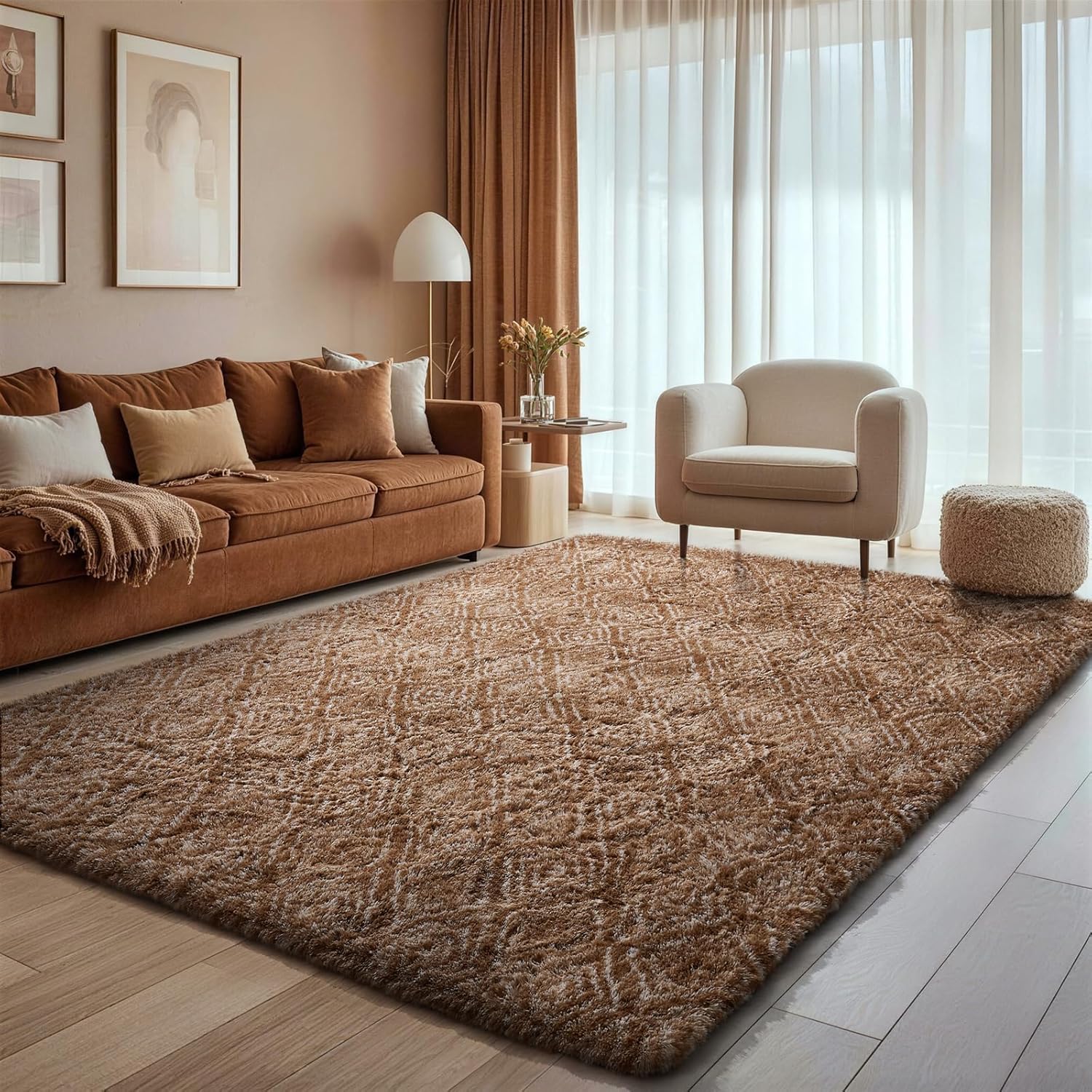 Ophanie Brown & White Diamond Striped Area Rug - Fluffy Shag Soft Carpet for Living Room | 6x9 Size
