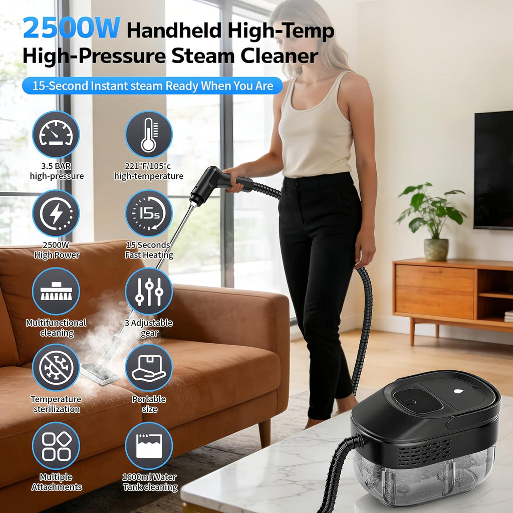 Pressurized Handheld Steam Cleaner - 2500W, 54oz Capacity, 3-Level Steam & 15 Accessories for Deep Cleaning