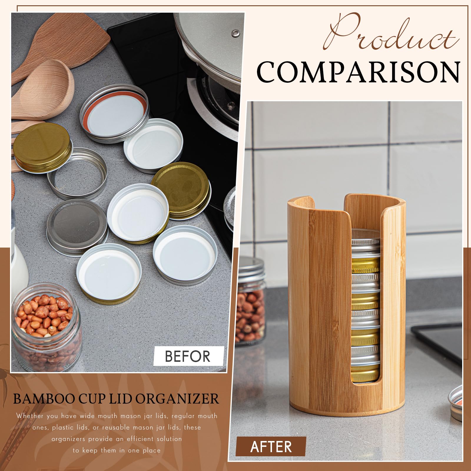 Suclain 2 Pcs Mason Jar Lid Organizer (Wide Mouth & Regular Mouth) Bamboo Vertical Mason Jar Lid Storage Accessories Tumbler Lids Holder Cup Lids Organizer for Home Kitchen Countertop Cupboard