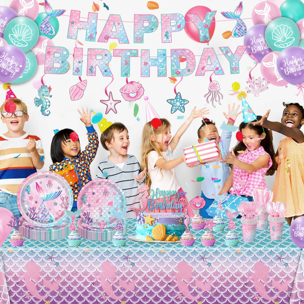 QIYANPAX Mermaid Birthday Decorations Supplies Plates, Napkins, Cups, Cutlery, Banner, Hanging Swirls, Cake & Cupcake Toppers, Balloons, Tablecloth for Mermaid Party Decorations, Serves 20