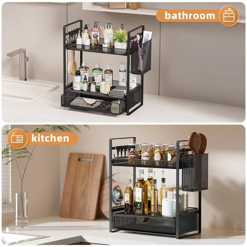 VITVITI 2 Tier Bathroom Organizer Countertop with Drawer, Metal Mesh Bathroom Counter Vanity Organizer Storage, Bath Room Sink Kitchen Spice Rack with Basket Hooks, Black