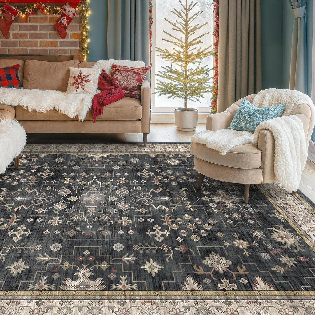 Boho Area Rug by [Brand Name] - Washable 6x9 Black Dining Room Rug | Non-Slip Low Pile for Farmhouse Decor
