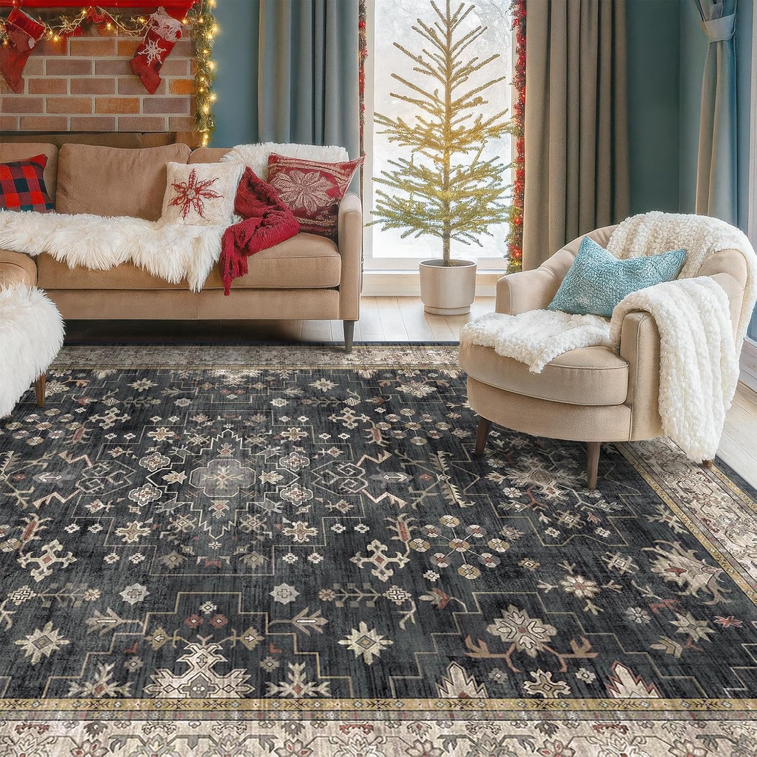 Boho Area Rug by [Brand Name] - Washable 6x9 Black Dining Room Rug | Non-Slip Low Pile for Farmhouse Decor