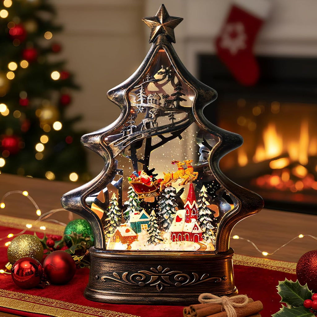 Regine Switzerland Christmas Snow Globe Lantern - Glittering Buildings & Santa's Deer | USB & Battery Operated with Music & Timer
