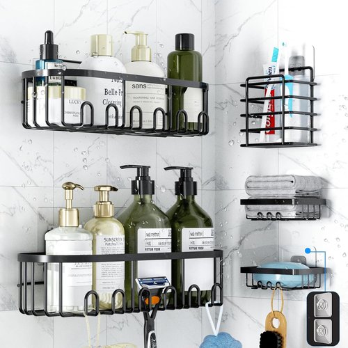 GearFusion Shower Caddy - Rustproof Stainless Steel Bathroom Organizer with 18 Hooks | 5 Pack Space-Saving Storage