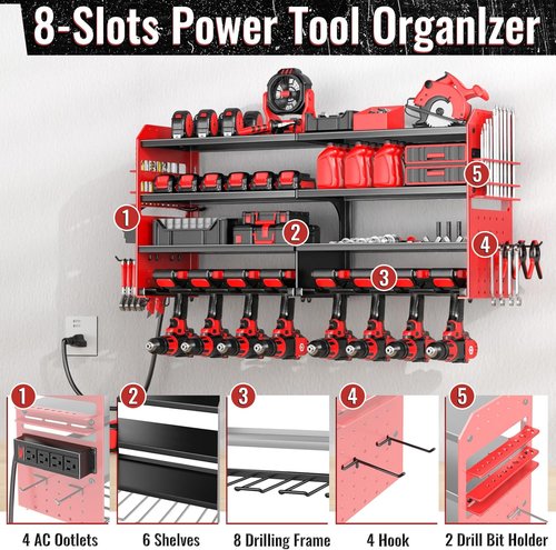 Large Power Tool Organizer by Heavy Duty | Wall Mount Charging Station with 8 Drill Holders - Red