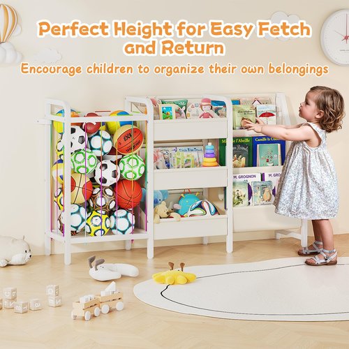 CYXPHION B2 Kids Bookshelf and Toy Storage, 3 Tier Book Shelf for Kids Rooms, Sling Toddler Bookshelf with Stuffed Animal Storage, Montessori Baby Bookcase for Nursery, Bedroom, Playroom, White