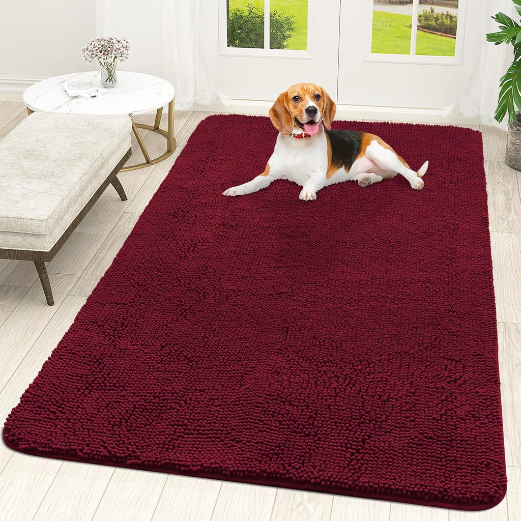 OLANLY Dog Door Mat - Absorbent Non-Slip Washable Chenille Mat for Muddy Paws | 70x46, Burgundy