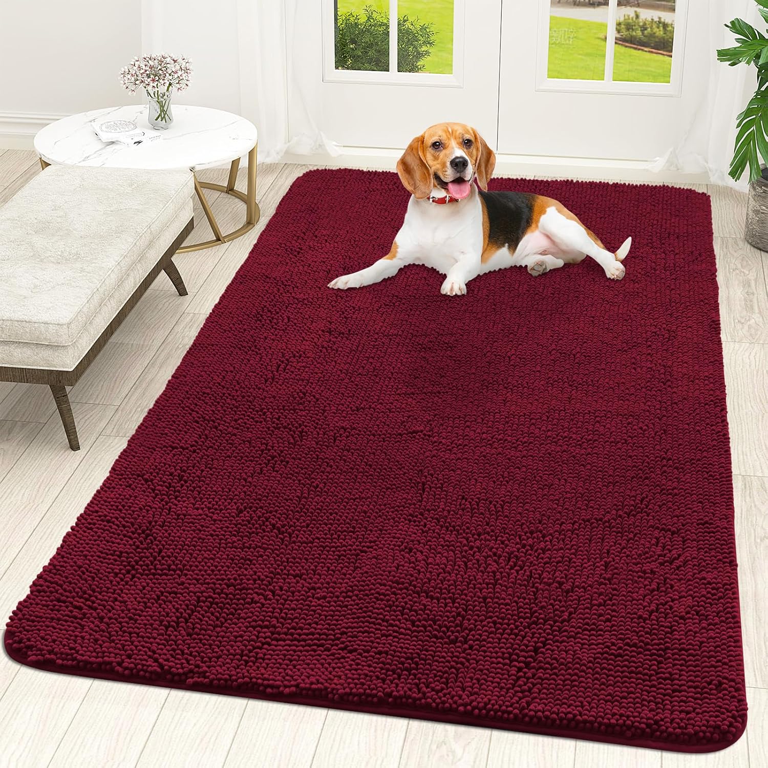 OLANLY Dog Door Mat - Absorbent Non-Slip Washable Chenille Mat for Muddy Paws | 70x46, Burgundy