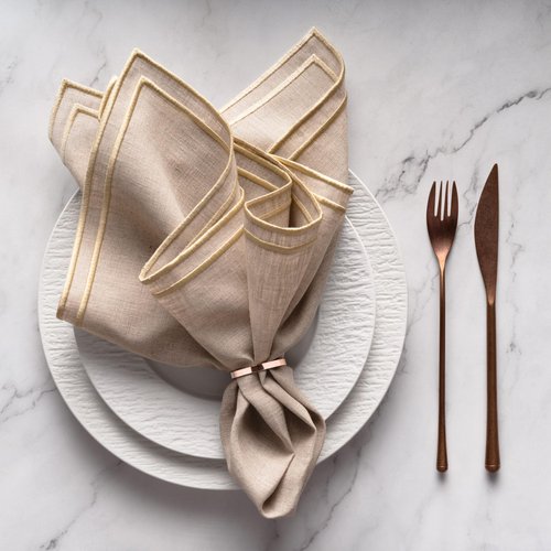 Linen Napkins Set of 4-100% Pure Linen Natural Dinner Napkins with Embroidered Gold Edge 20 x 20 inch - Embroidered Napkins Cloth Washable for Thanksgiving, Fall and Autumn Decor
