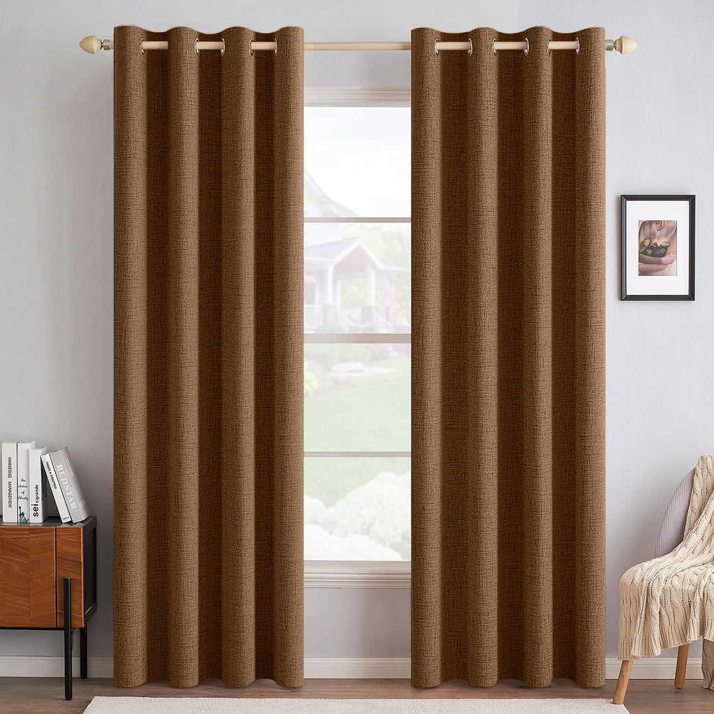 MIULEE Linen Curtains - 100% Blackout Thermal Insulated Drapes | Brown Grommet, 52 x 90 Inch (2 Panels)
