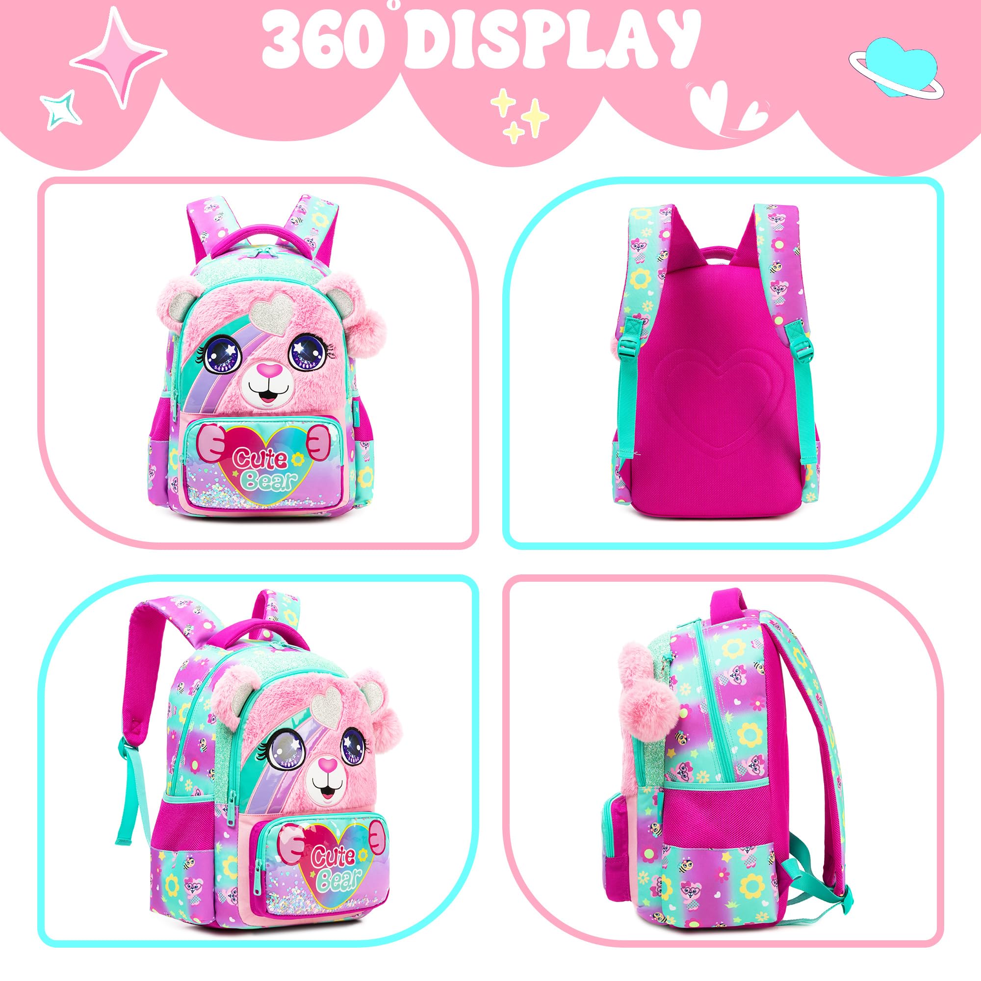 Meetbelify Cute School Backpacks for Girls Backpack with Lunch Bag for Elmentary Students Kids Travel Bookbag for Girls Age 6-12