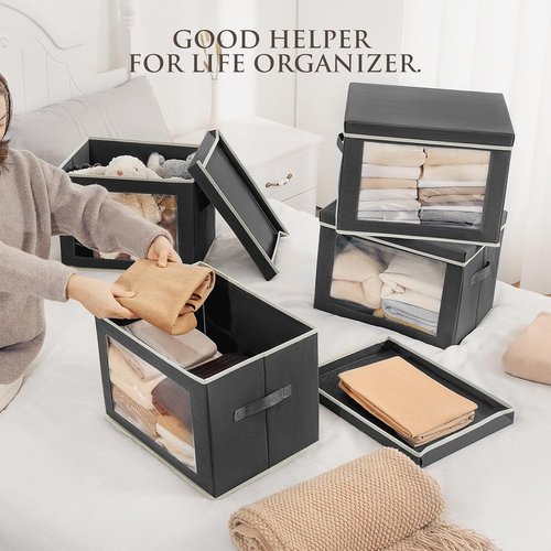 Homsorout Stackable Storage Bins - Large Foldable Closet Organizers with Lids, 4-Pack, Dark Grey