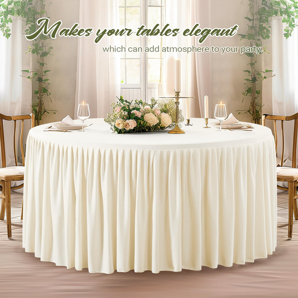 Wish Care 2 Packs 6FT Round Tablecloth 72Inch, Ivory Stretchy Fitted Table Cloths, Wrinkle Resistant Polyester Table Cover with Pleated Ruffle Skirt for Party, Wedding and Banquet Decoration