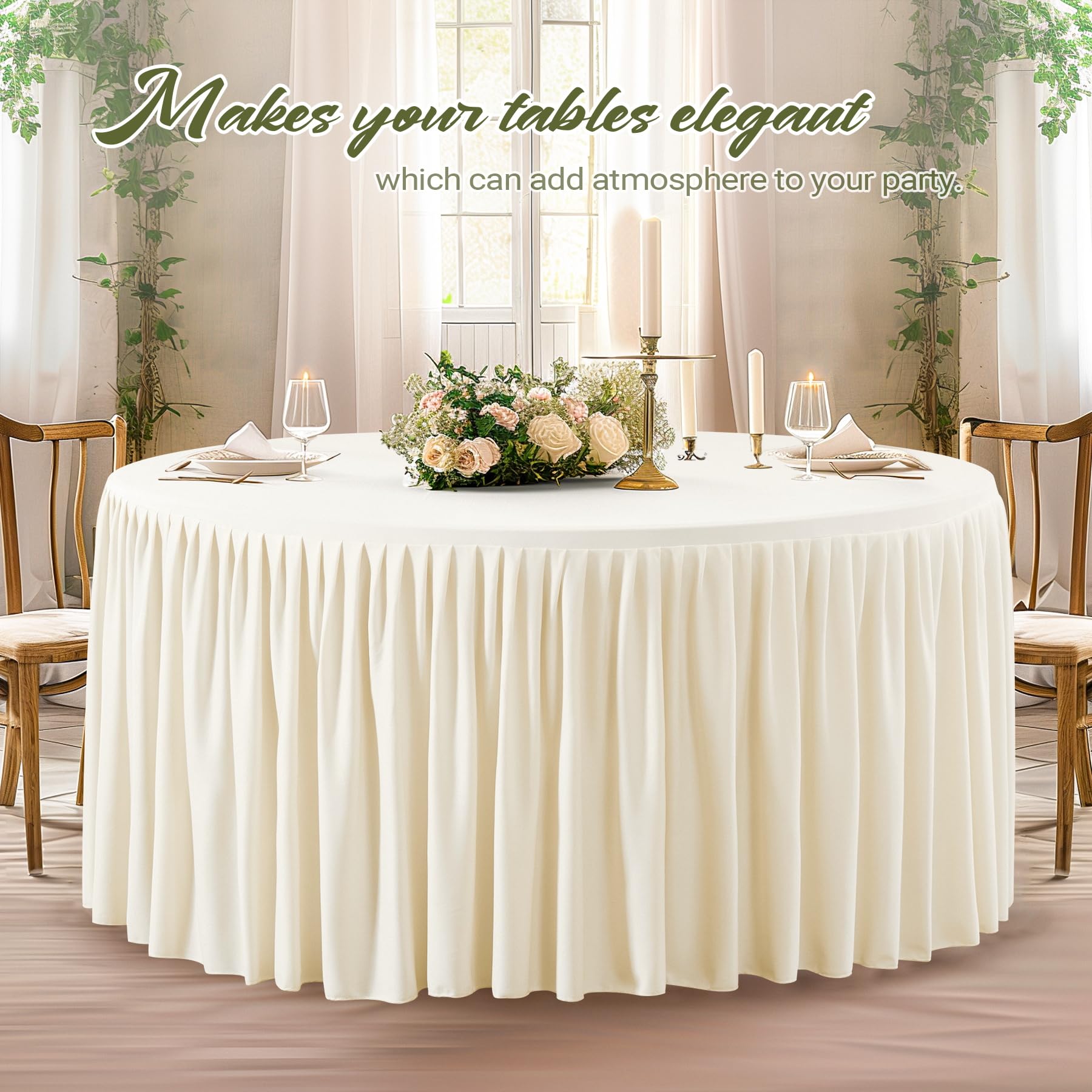 Wish Care 2 Packs 6FT Round Tablecloth 72Inch, Ivory Stretchy Fitted Table Cloths, Wrinkle Resistant Polyester Table Cover with Pleated Ruffle Skirt for Party, Wedding and Banquet Decoration