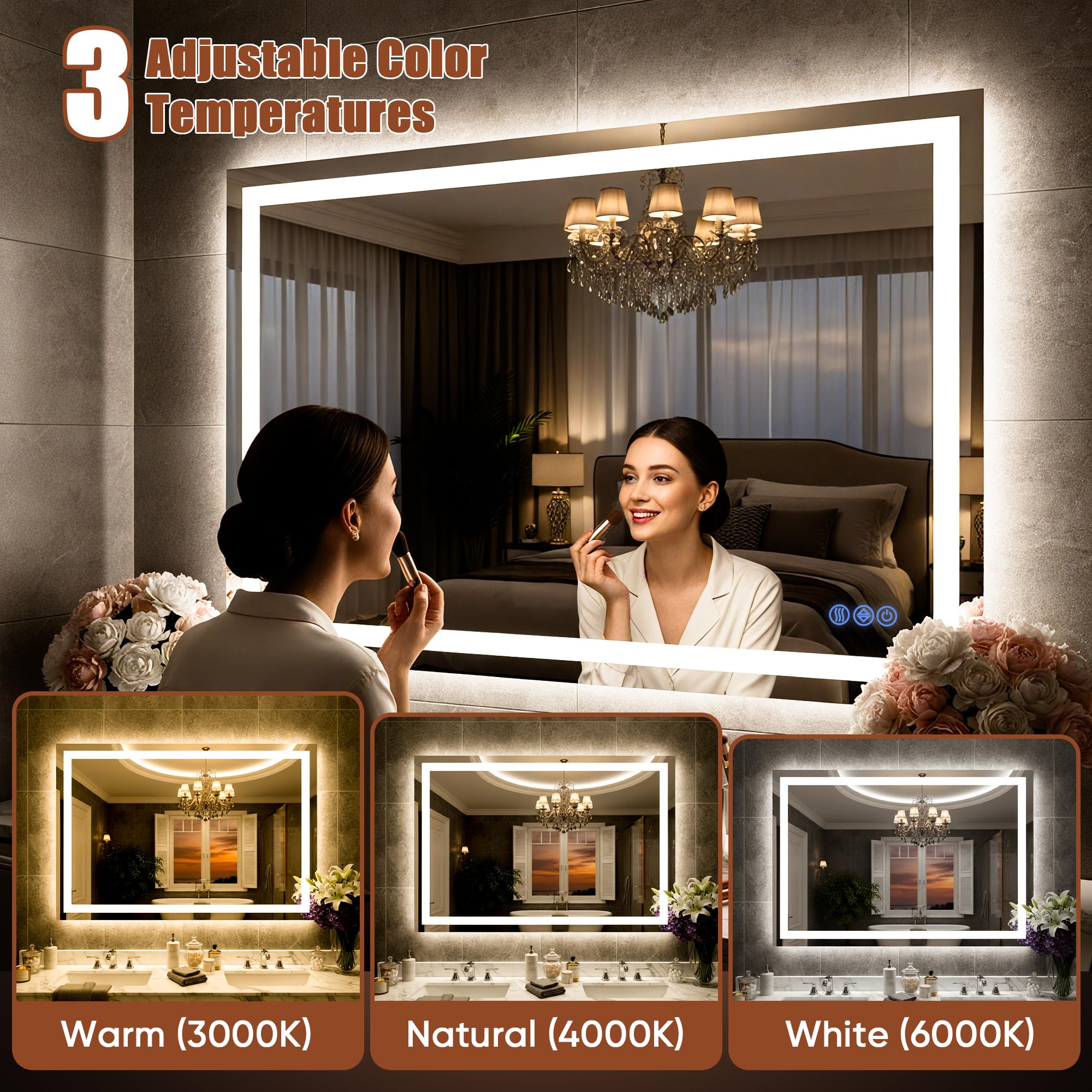 Bimno LED Bathroom Mirror with Lights 24"x32", Wall-Mounted Vanity Mirrors Front & Backlit Light Control Stepless Dimmable Anti-Fog Memory 3 Color Temperatures Shatter-Proof Tempered Glass