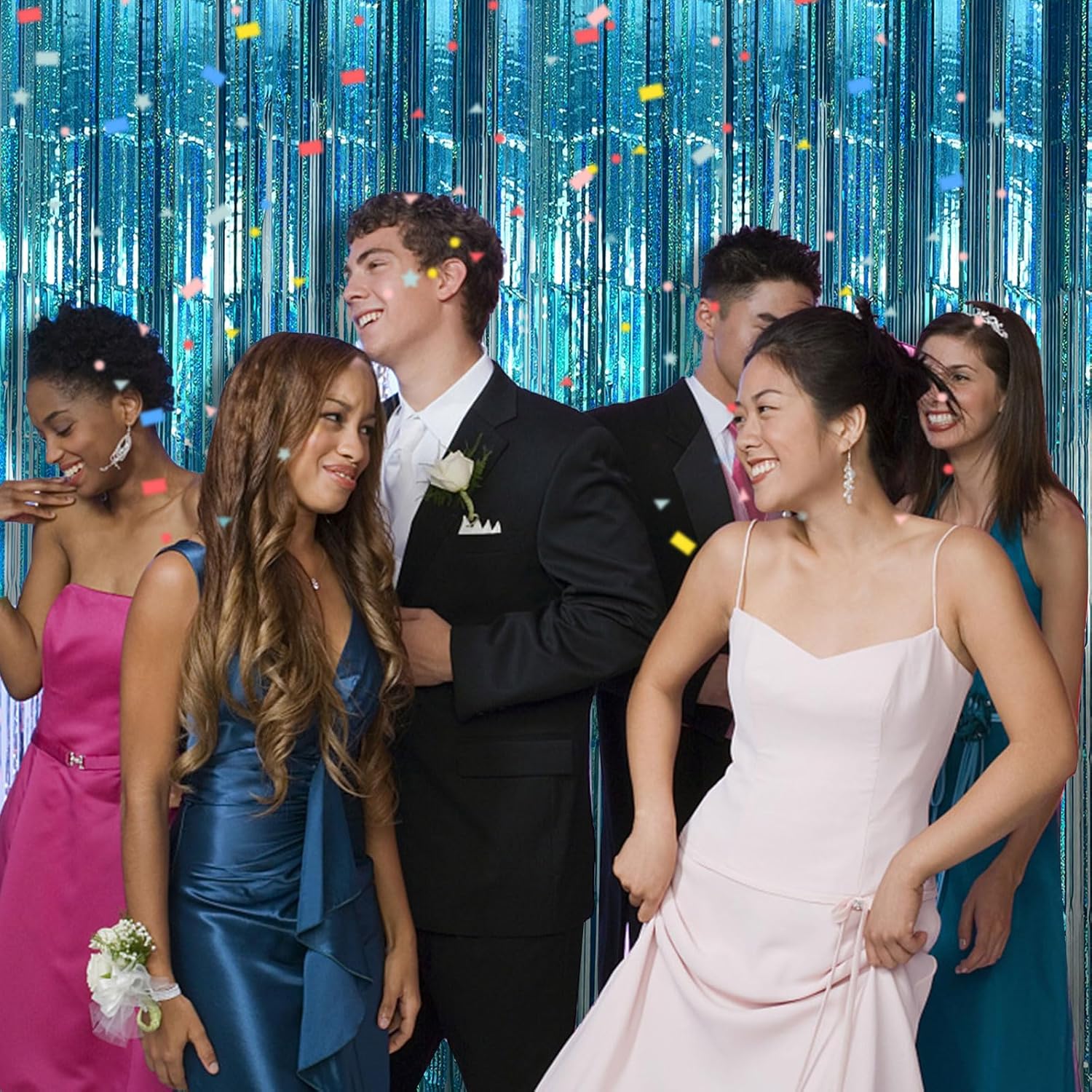 Skiennix Blue Party Backdrop Curtains - Metallic Tinsel Foil Fringe | Ocean-Themed Decor for Events