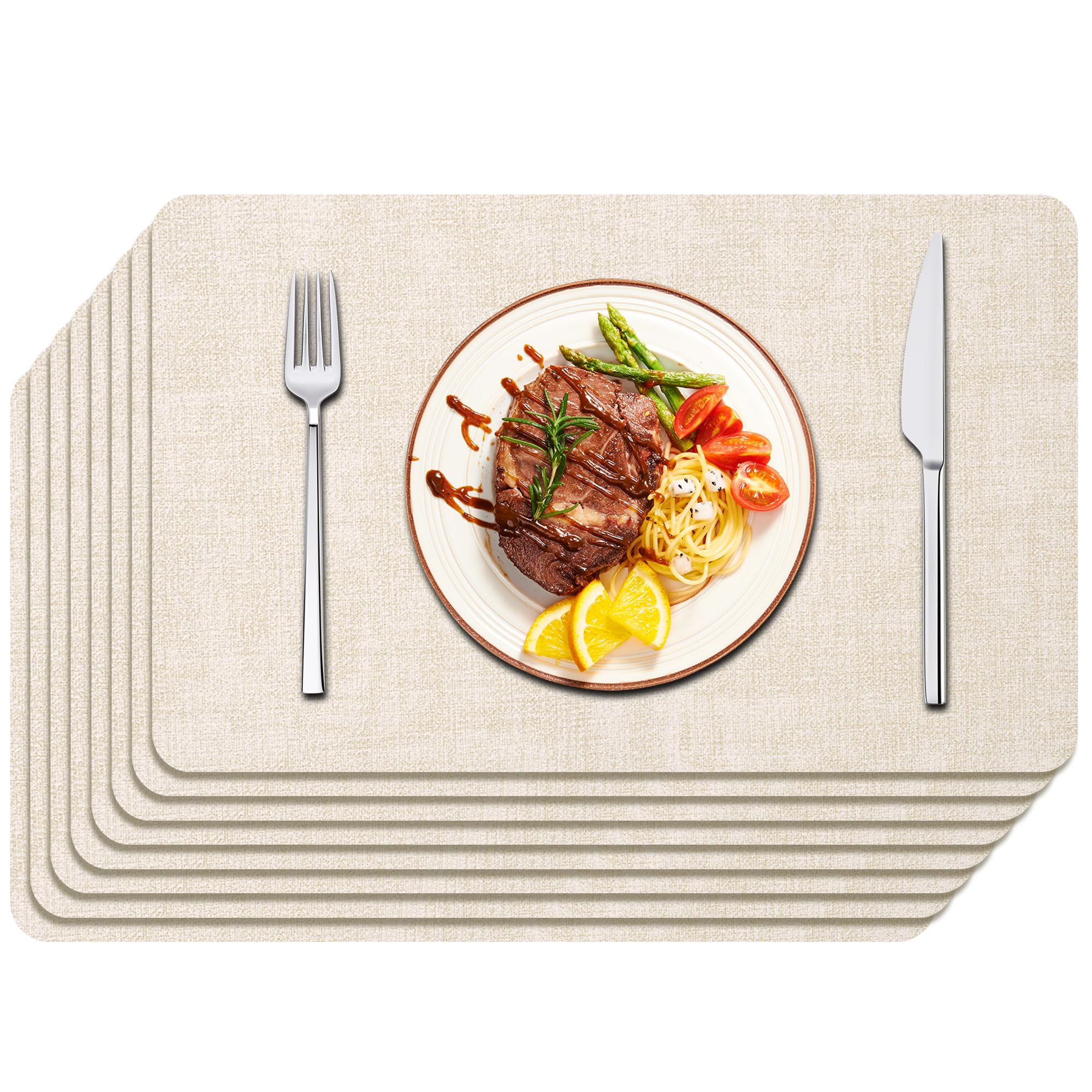 Maxpearl Faux Leather Placemats Set of 8 – Waterproof, Wipe Clean, Heat Resistant, Non-Slip Dining Table Mats for Indoor & Outdoor Use, 17”×12”, Beige