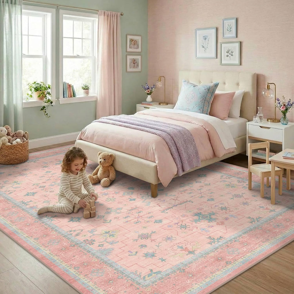 Skiennix Boho Area Rug - Washable Pink & Blue Floral Design | 6x8 ft Soft, Non-Slip Carpet for Kids' Rooms