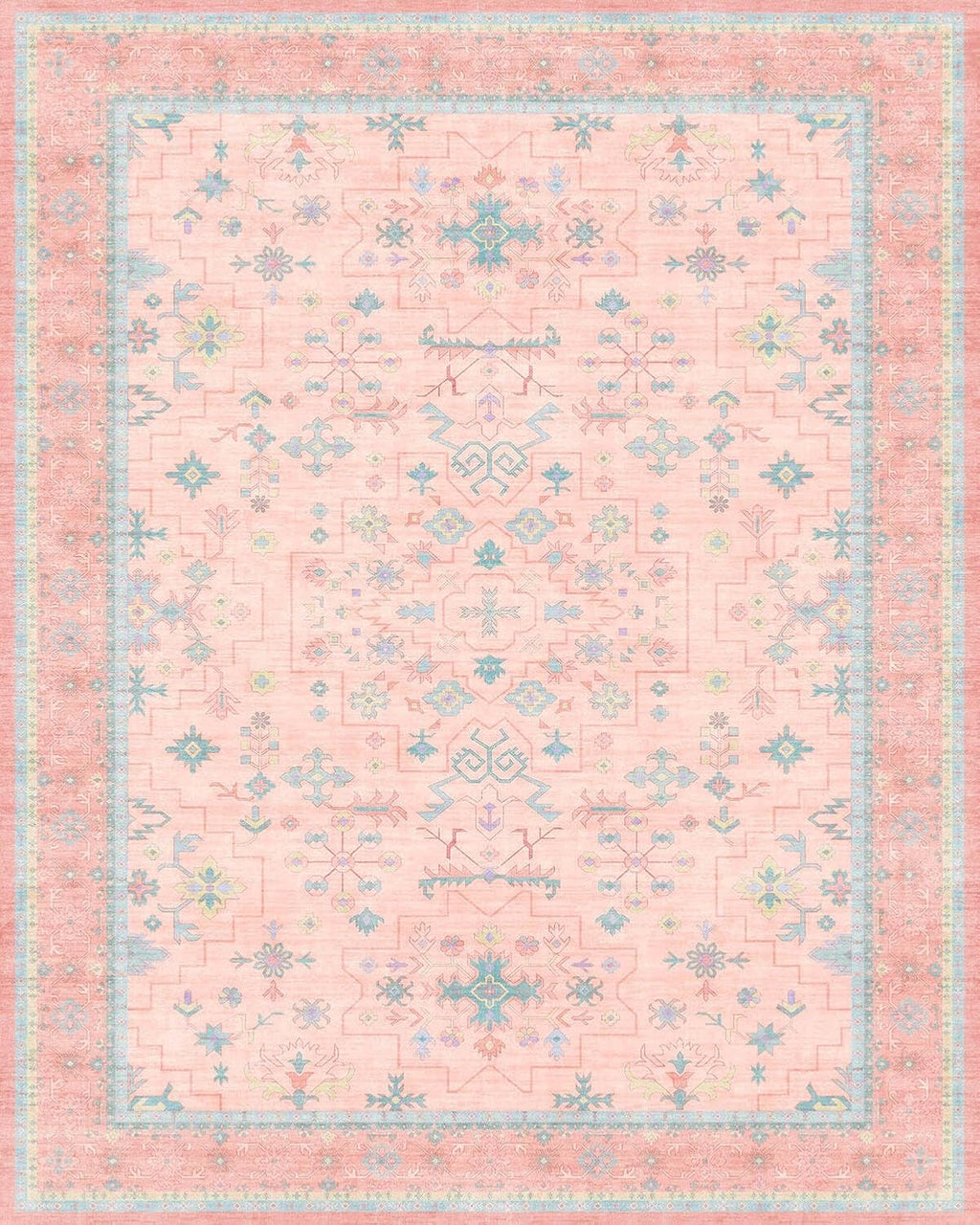 Oushak Rugs | Washable 9x12 Pink and Blue Living Room Rug - Soft Faux Wool, Non-Slip, Modern Floral Design