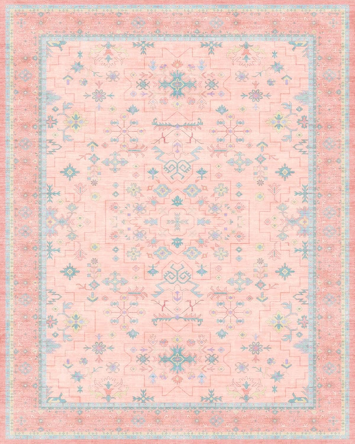 Oushak Rugs | Washable 9x12 Pink and Blue Living Room Rug - Soft Faux Wool, Non-Slip, Modern Floral Design