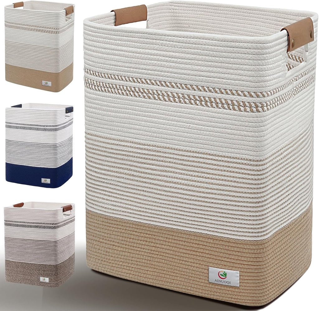 Skiennix Large Laundry Hamper - 85L Cotton Rope Woven Storage Bin with Leather Handles | Versatile for Blankets, Toys, and More