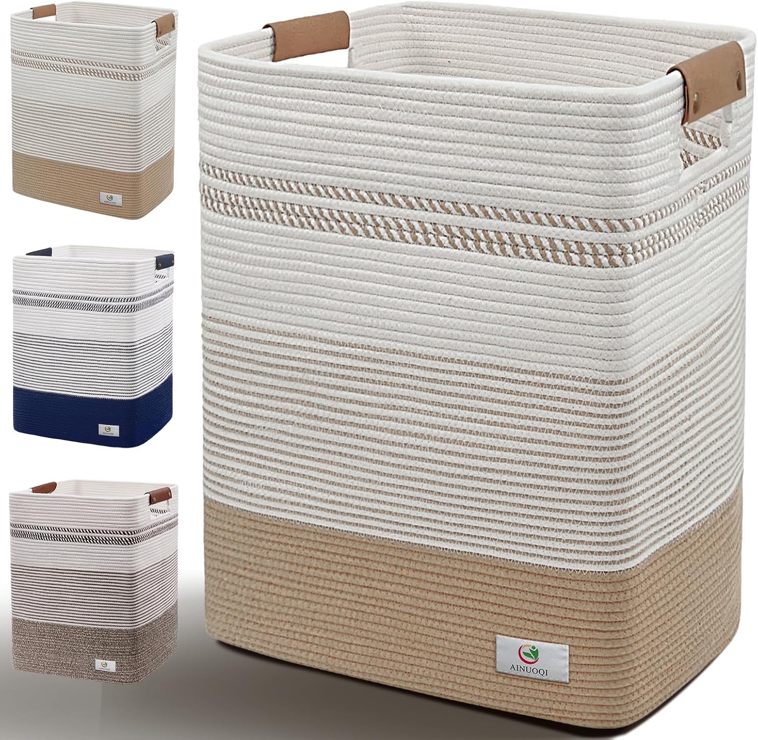 Skiennix Large Laundry Hamper - 85L Cotton Rope Woven Storage Bin with Leather Handles | Versatile for Blankets, Toys, and More