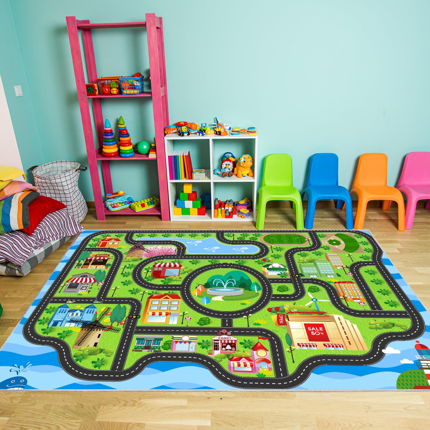 nanshiba Car Rug,Kids Play Rug with Roads,Playroom Toy Car Rug, Car Track Rug City Map for Bedroom Classroom - (78.7X59 Inches)