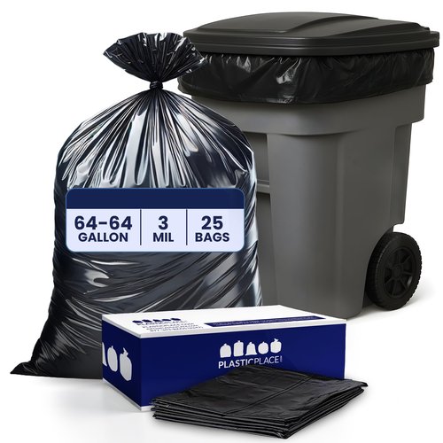 Plasticplace 64-65 Gallon Trash Can Liners for Toter │ 3.0 Mil │ Black Heavy Duty Garbage Bags │ 50” x 60” (25 Count),W65LDBTL3