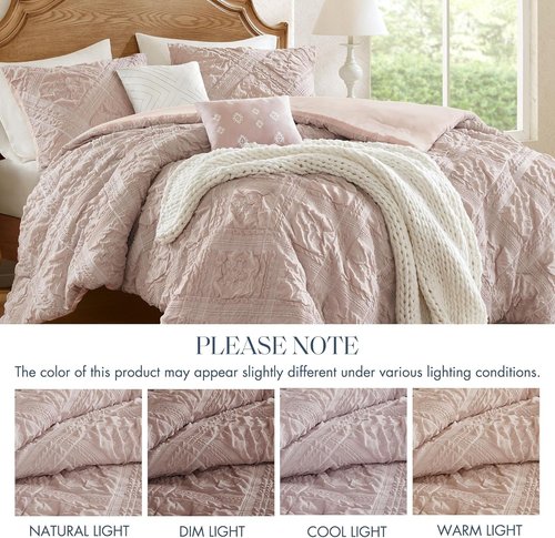 Madison Park Shabby Chic Comforter Set 5-Piece King Size, Puffy Seersucker Textured Grid Pattern Boho Bedding,Dusty Pink Plaid Comforter with 2 Shams & 2 Decorative Pillows