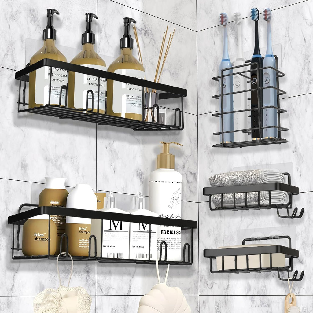 Skiennix Shower Caddy - 5 Pack Adhesive Organizer for Bathroom & Kitchen | No Drilling, Rustproof Design