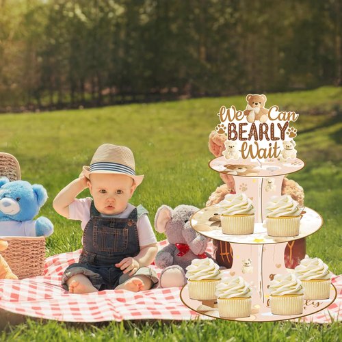 umoni We Can Bearly Wait Cupcake Stand Bear Baby Shower Decorations 3 Tier Bear Theme Cupcake Stand We Can Bearly Wait Baby Shower Decoration Cupcake Holder for Gender Reveal Party Supplies