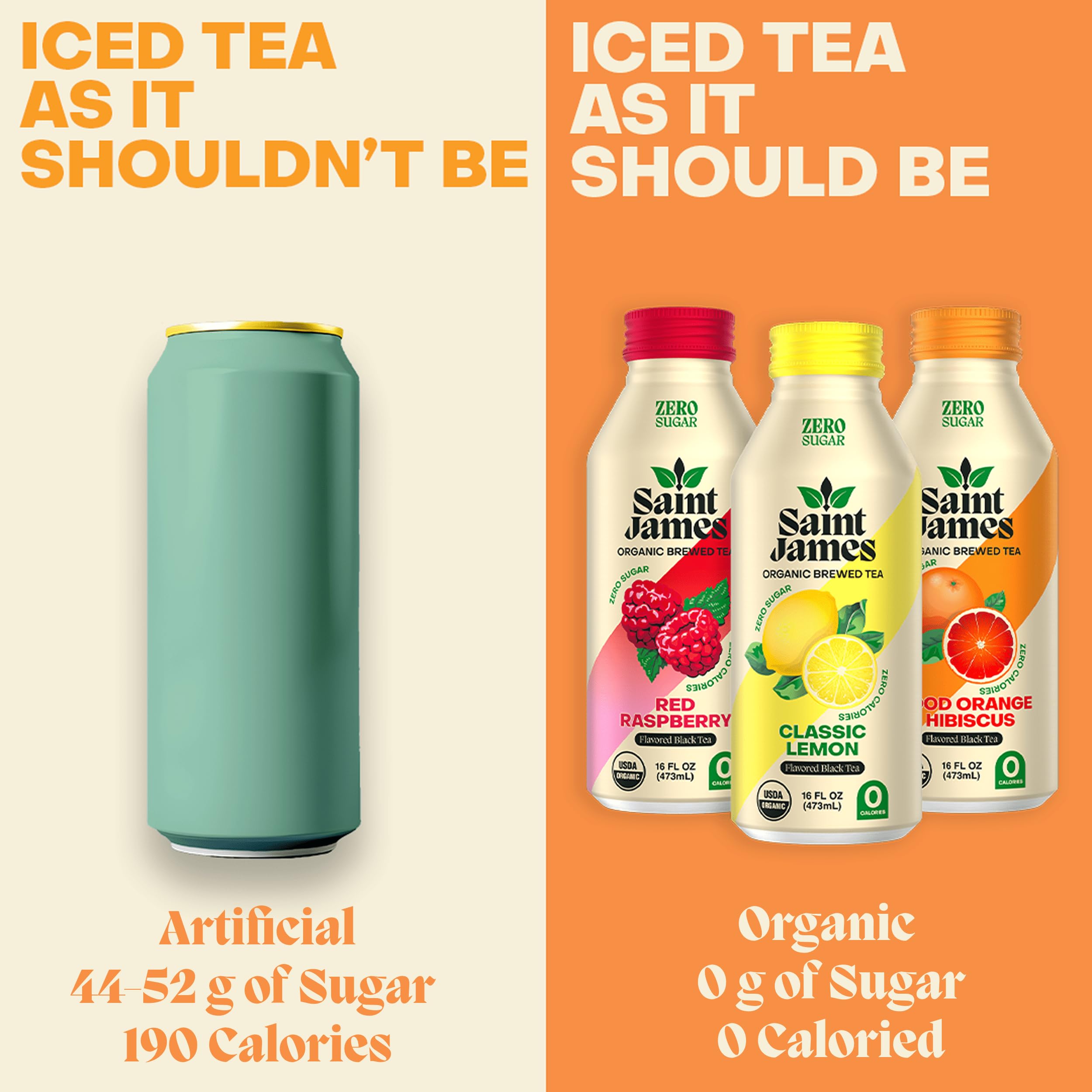 Saint James Iced Tea - Organic Black Tea - Non GMO, Gluten Free, Zero Calorie & Zero Sugar - Variety Black Tea Flavors, 12 Pack (16 fl oz each)