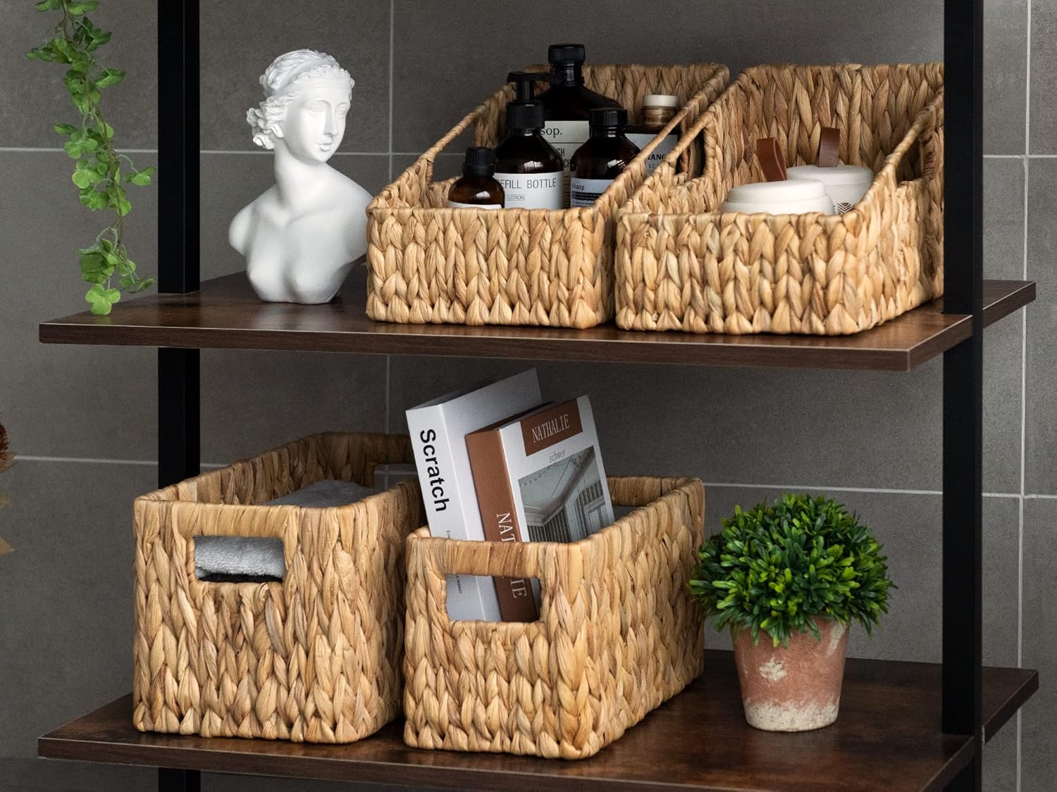 StorageWorks Wicker Baskets - Handwoven Water Hyacinth with Built-in Handles for Bathroom Organization | Medium & Small, 2 Pack