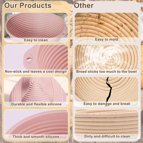 2-Pack All-in-One Silicone Bread Proofing Baskets for Sourdough, Foldable Proofing & Baking Bowls with Dual Handles & Built-In Reinforced Rim, Oven & Dishwasher Safe, BPA-Free (Green+Pink)