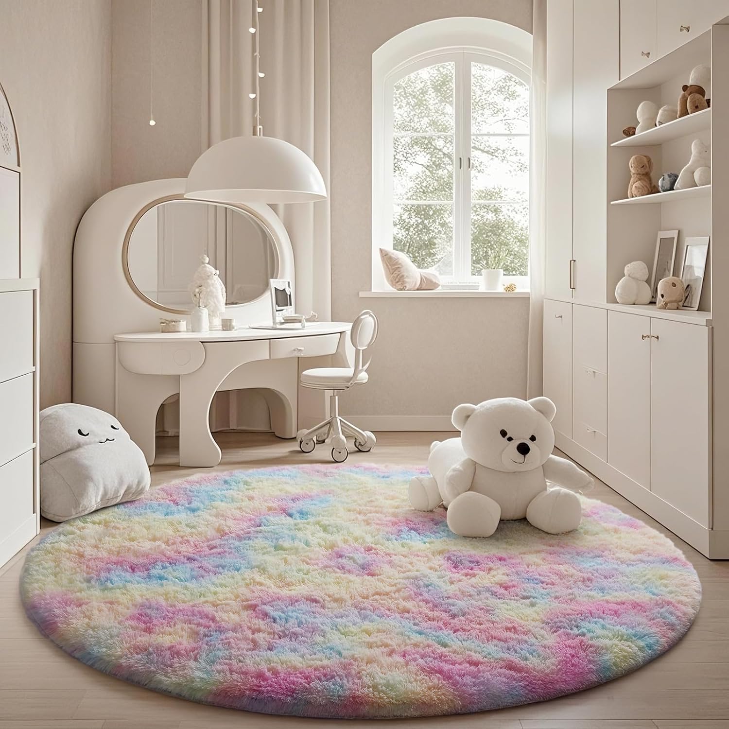 Ophanie Soft Fluffy Shaggy Rug - Colorful Rainbow Design | 6' Round for Bedroom & Living Room Decor