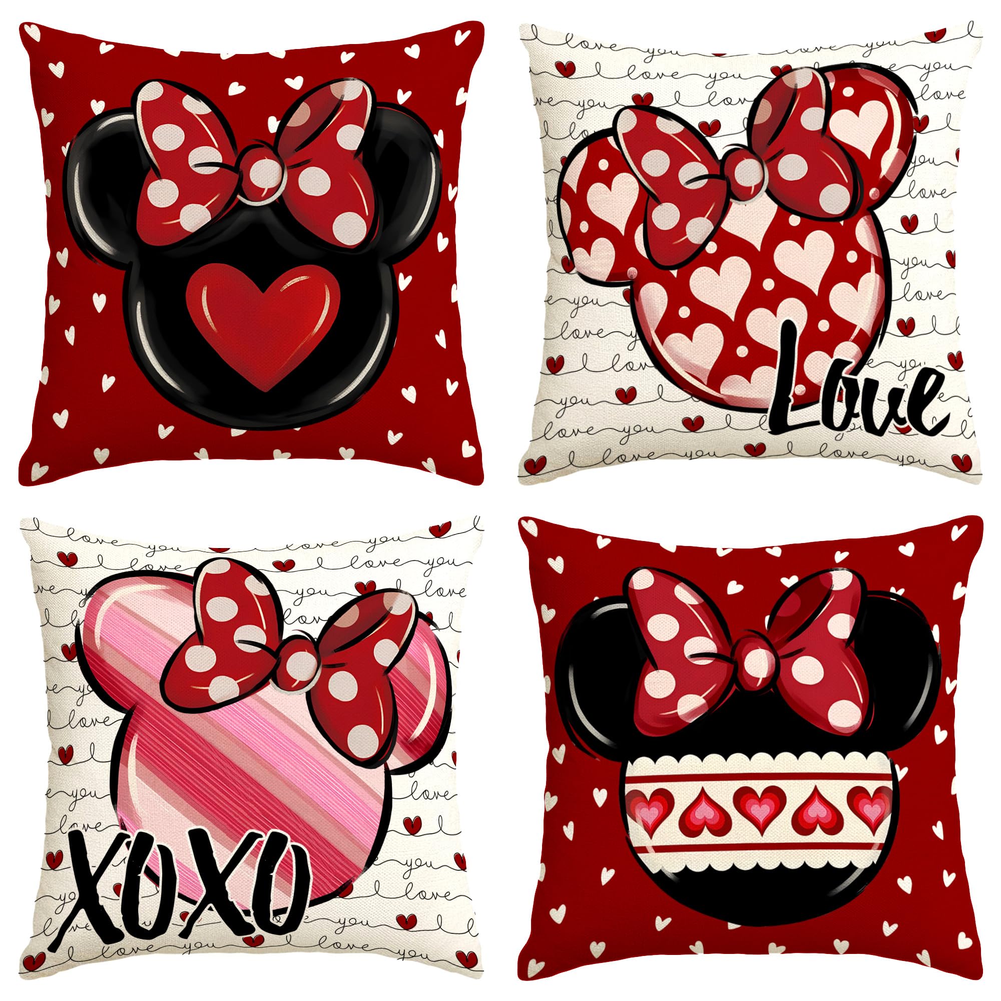 Yarcooly Valentines Day Pillow Covers Set of 4 Galentines Day Throw Pillow Cases Pink Cartoon Mouse Decor Valentines Day Decorations for Home Party