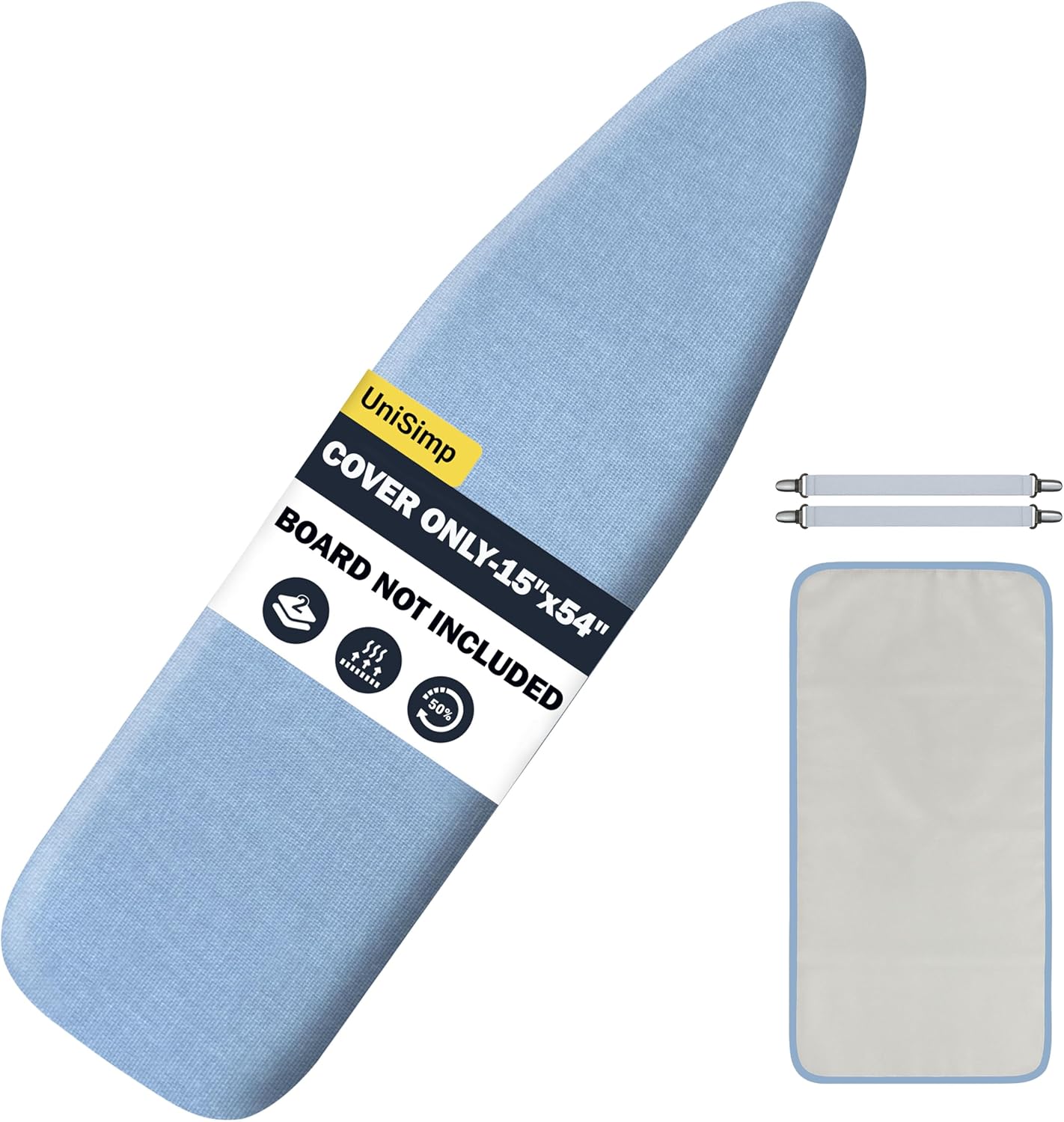 UniSimp Ironing Board Cover - Extra Thick Natural Cotton, Scorch & Stain Resistant | 15"x54" Heatproof Blue