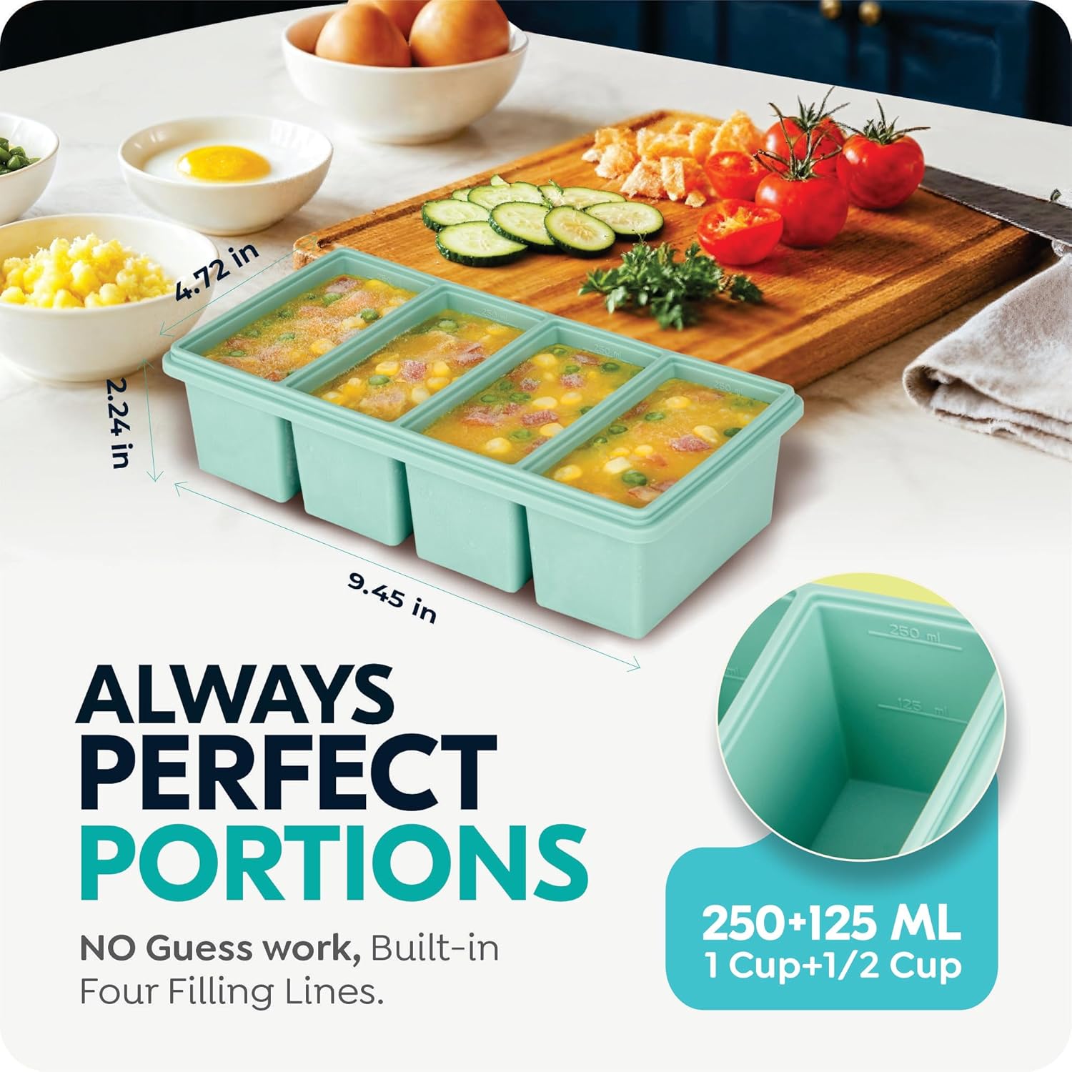 Skiennix Silicone Freezer Trays - Leakproof 1-Cup Ice Cube Containers, BPA-Free, 2-Pack for Meal Prep