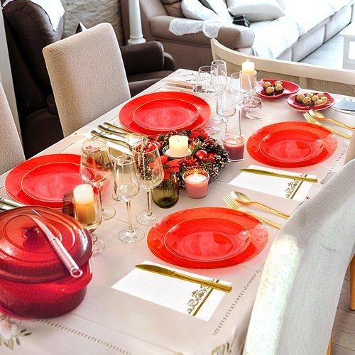 BONSINY 150 Pcs Red Plastic Dinnerware Set for 25 Guests - Red Disposable Plates for Party Birthday Easter Party