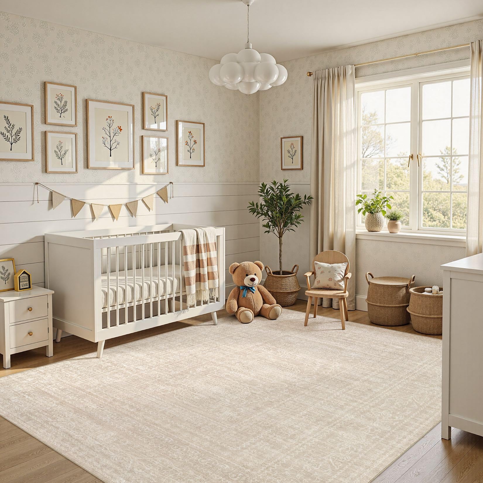 Nakagishi 5x7 Area Rugs Living Room: Washable Large Vintage Beige Rug Neutral Non-Slip Soft Stain Resistant Indoor Carpet for Bedroom Nursery Dining Room Under Table Bed Home House Office Playroom
