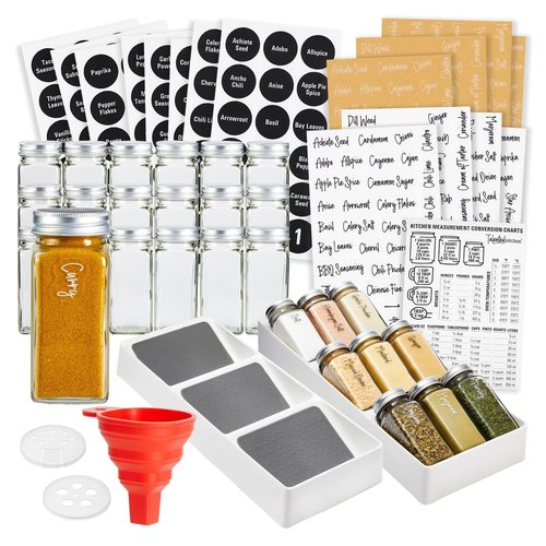 Talented Kitchen Spice Drawer Organizer with Jars and Labels with 18 Empty 4-oz Spice Bottles, 416 Seasoning Labels, 2 Pcs 3-Tier Trays for Drawer (5.9 x 15 In)