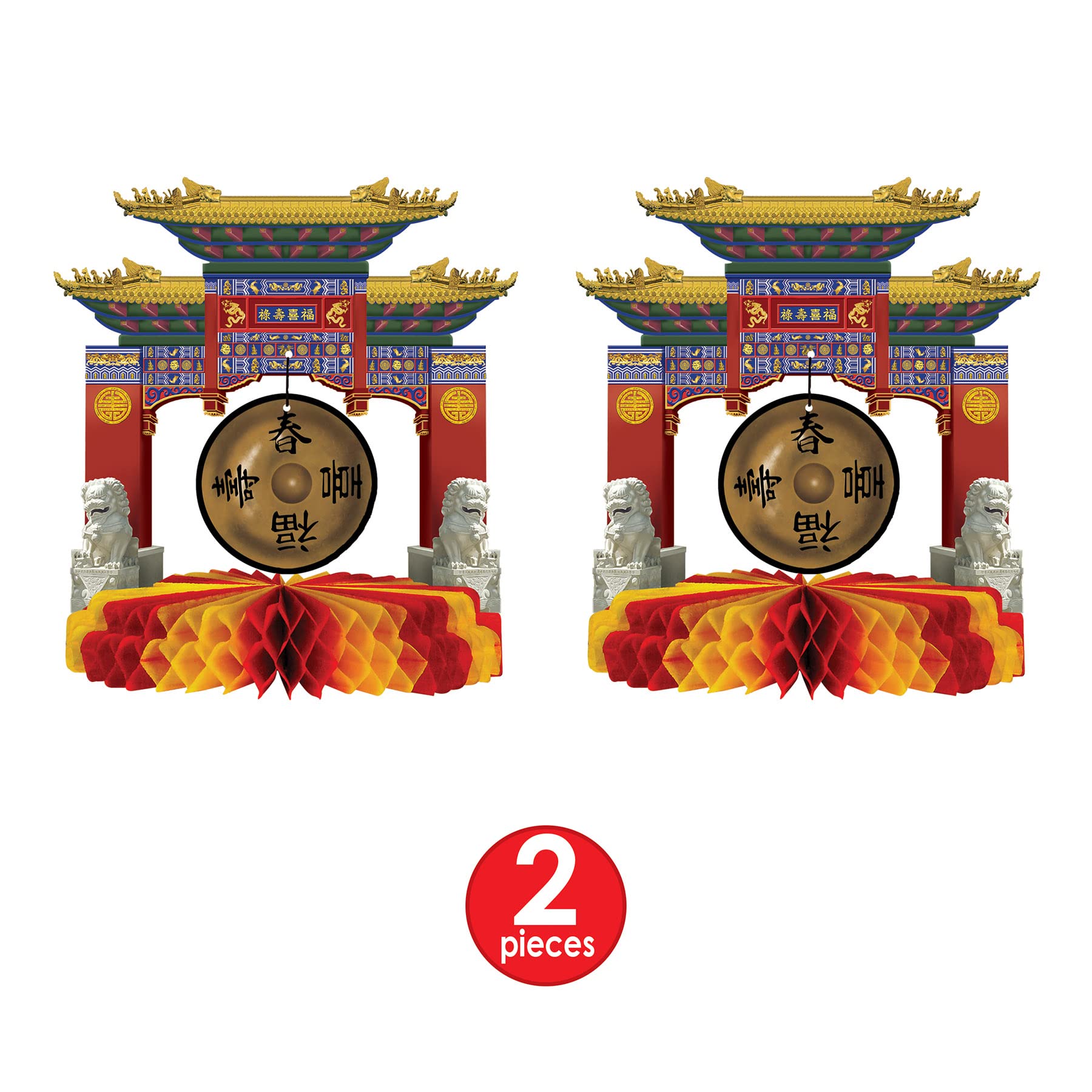 Beistle 2 Piece Chinese New Year Centerpieces - Printed Paper Asian Gongs - Zen Tissue Table Decorations For Parties