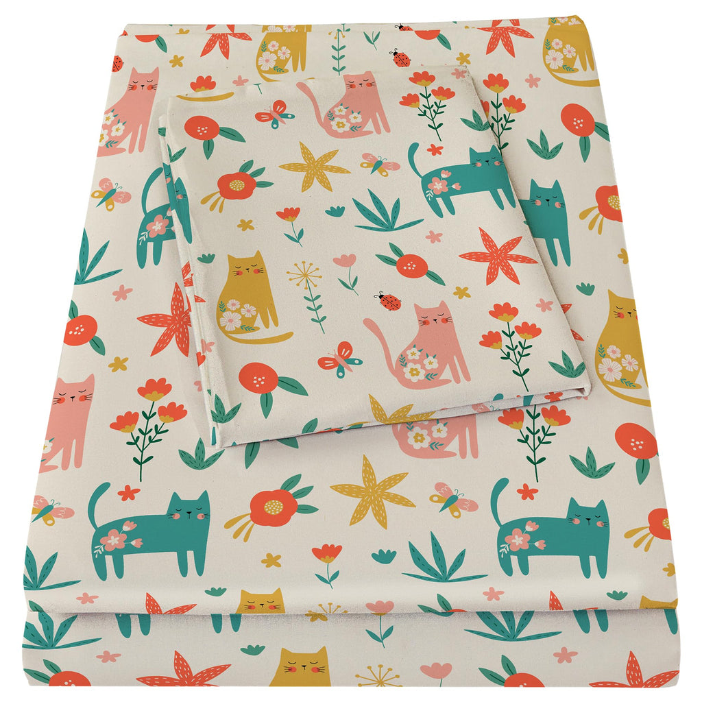 Bedmoon Girls Twin Sheets, Kids Green Cat Kitty Cute Animal Soft Microfiber Twin Sheets & Pillowcases with Corner Straps