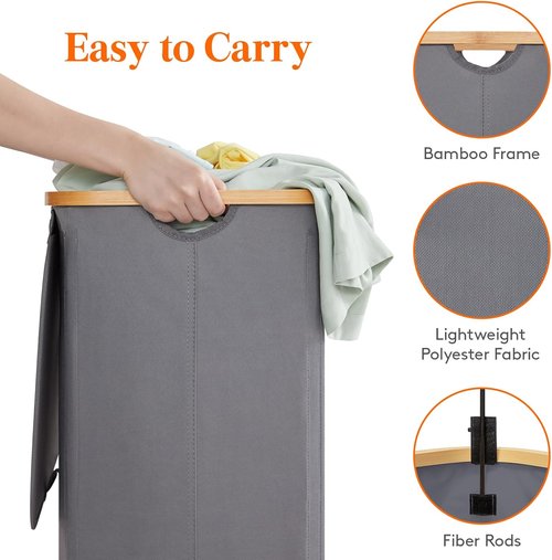 Lifewit 150L Laundry Basket - Foldable Hamper with Lid & Bamboo Handles | Grey with 2 Removable Bags