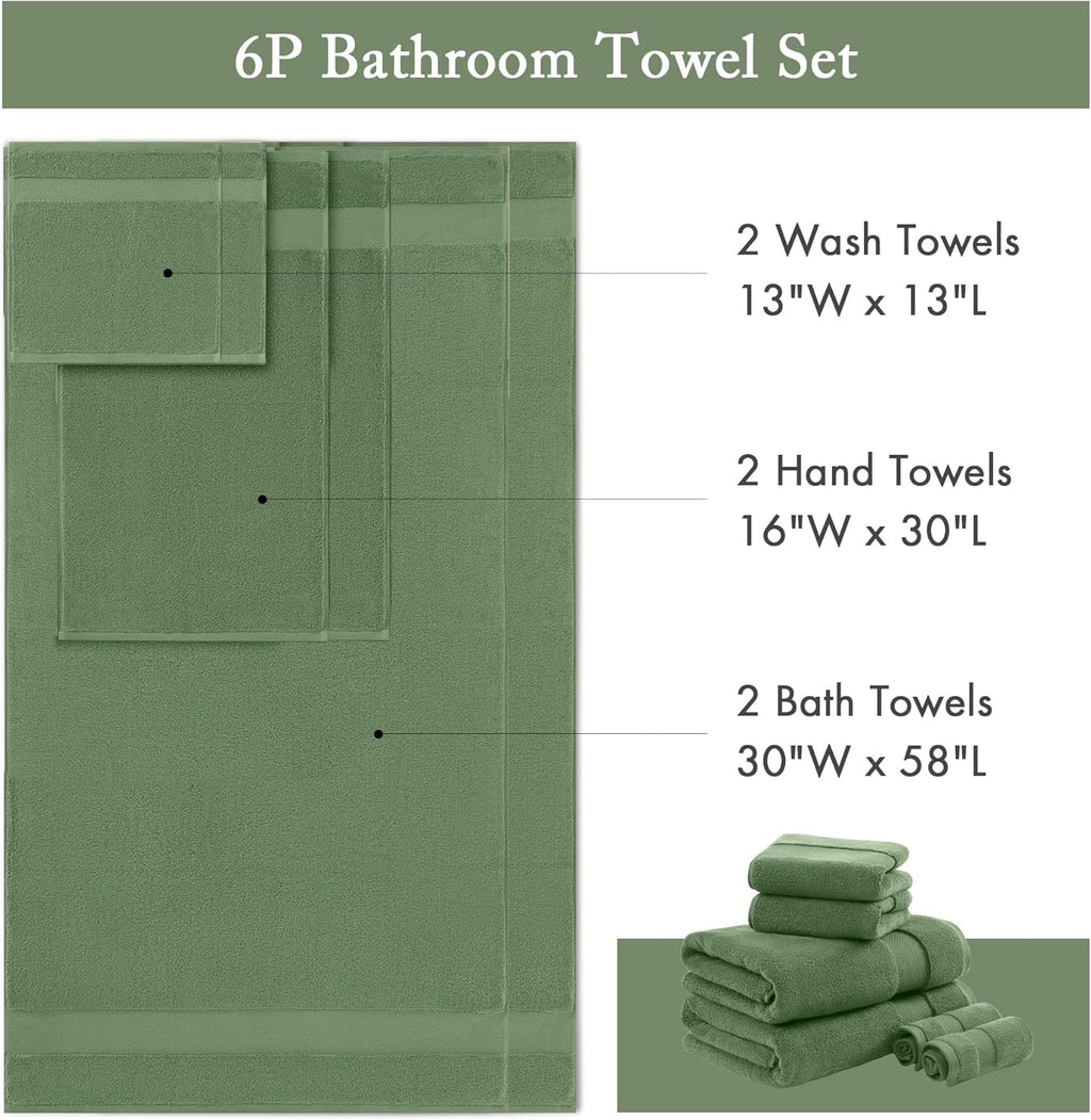 Madison Park Turkish Bath Towels Set - 6-Piece Luxury 100% Cotton, Highly Absorbent & Quick Dry - Green