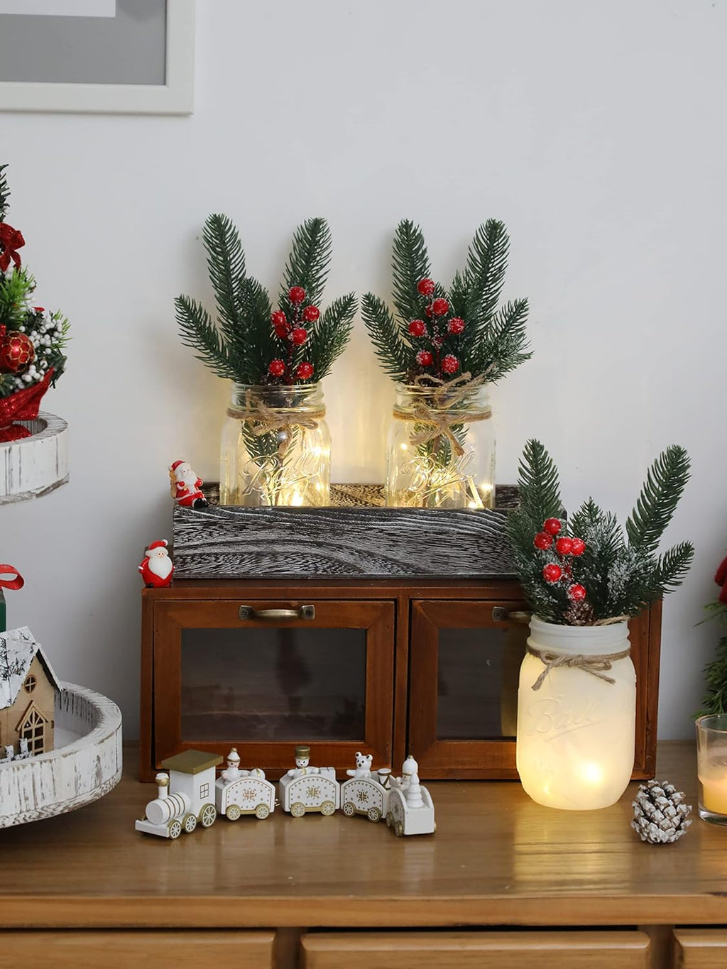 Skiennix Winter Mason Jar Centerpiece - LED Lights & Artificial Plants | Set of 3 Farmhouse Decor