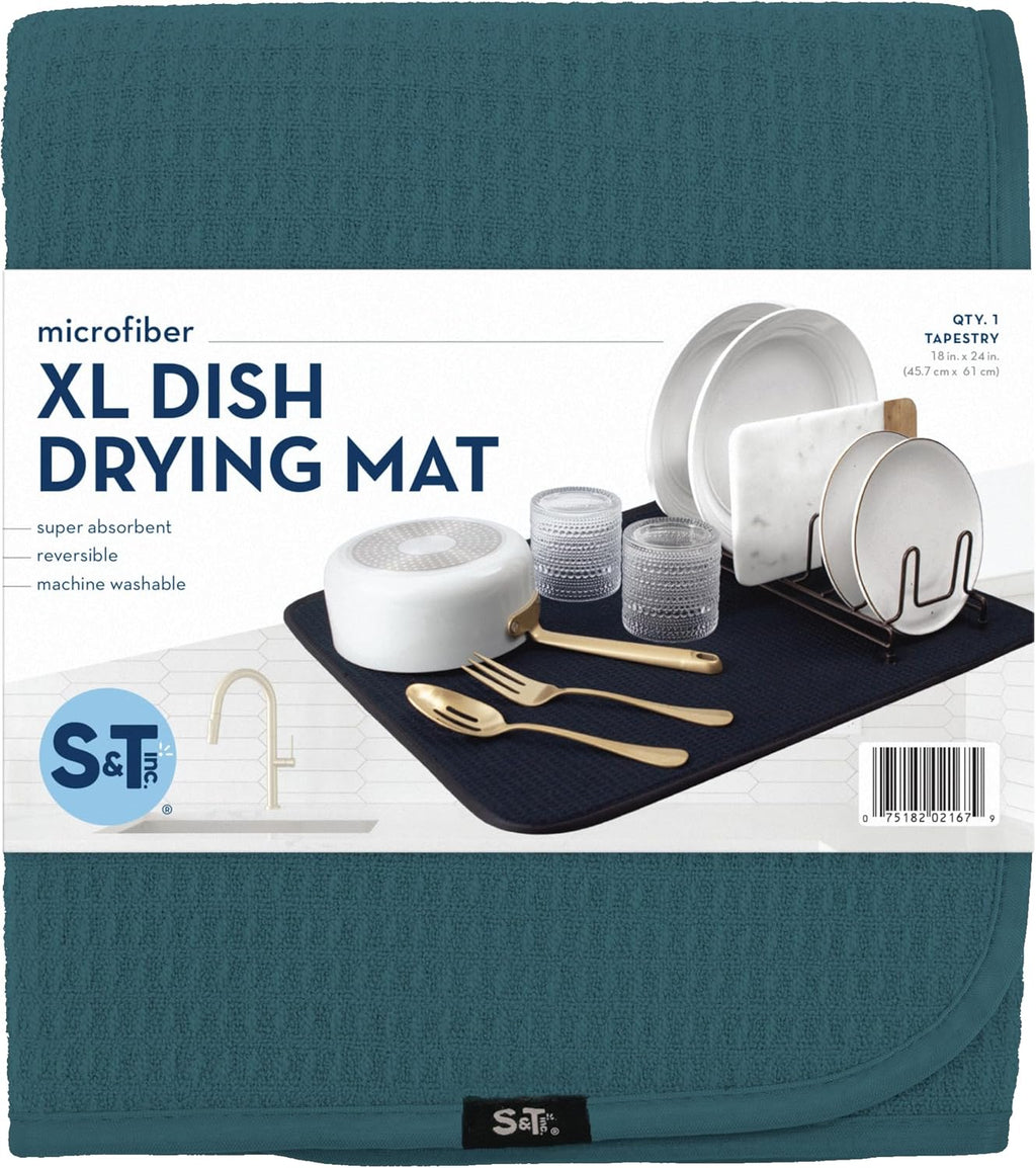 S&T INC. XL Dish Drying Mat - Absorbent Microfiber Kitchen Counter Pad, 18” x 24”, Tapestry Blue
