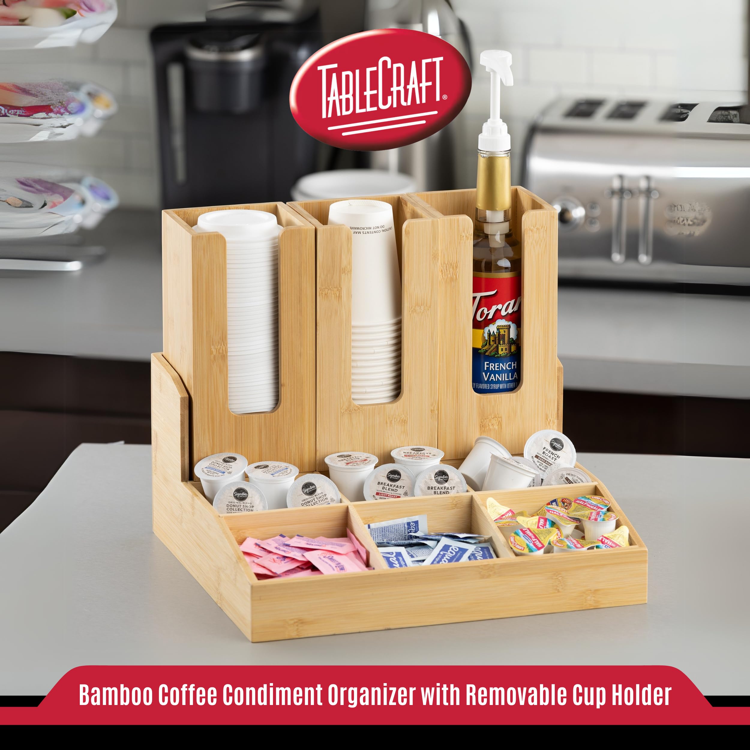 TableCraft 12689 Coffee Condiment Organizer, 9 Compartments with 3 Removable Cup/Lid Holders, Bamboo Wood, Ideal for Cafes, Breakfast Buffets, and Restaurants