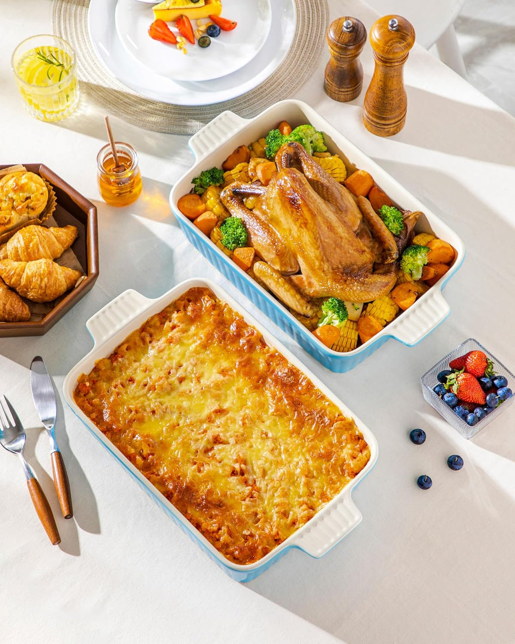 MALACASA 4.4 QT Baking Dish - Large 9x13 Ceramic Casserole Pan with Handles - Microwave Safe, Blue
